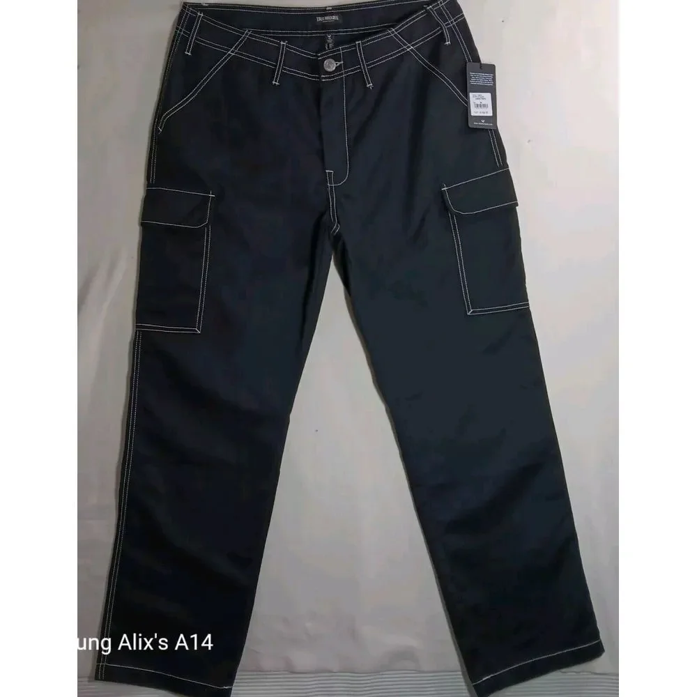 True Religion Cargo Pants Jet‎ Black White Stitch 108335R Mens Size 36
